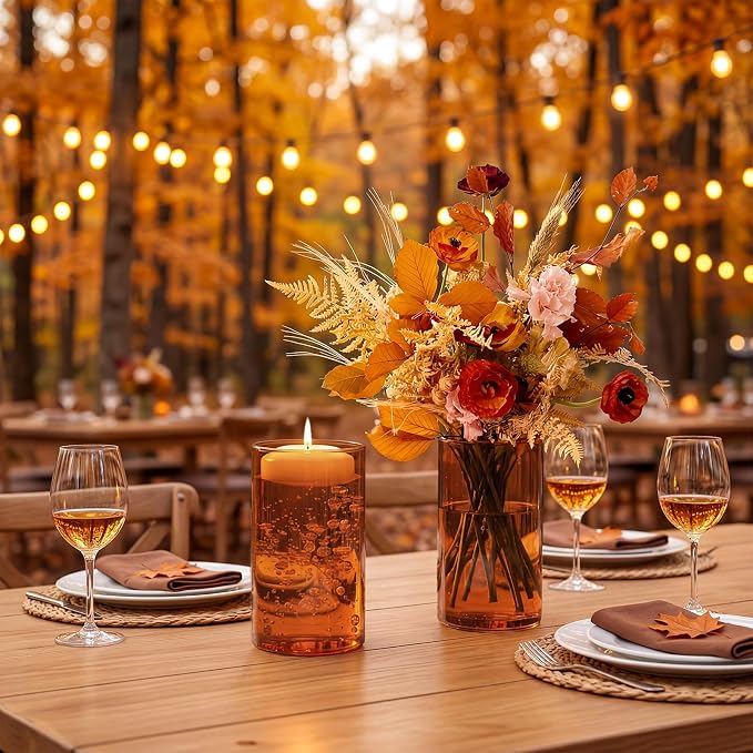 12pcs 6 Inch Amber Glass Cylinder Vases for Centerpieces | Flower Vases for Wedding, Home & Party Decor, Hurricane Floating Candle Holders for Table & Shelf