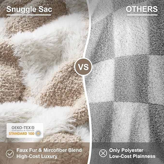 Snuggle Sac Fall Checkered Throw Blanket Faux Fur Microfiber Blankets for Couch,Cozy Soft Warm Blanket for Sofa Bedroom Living Room,Beige Checker,50x60 inches