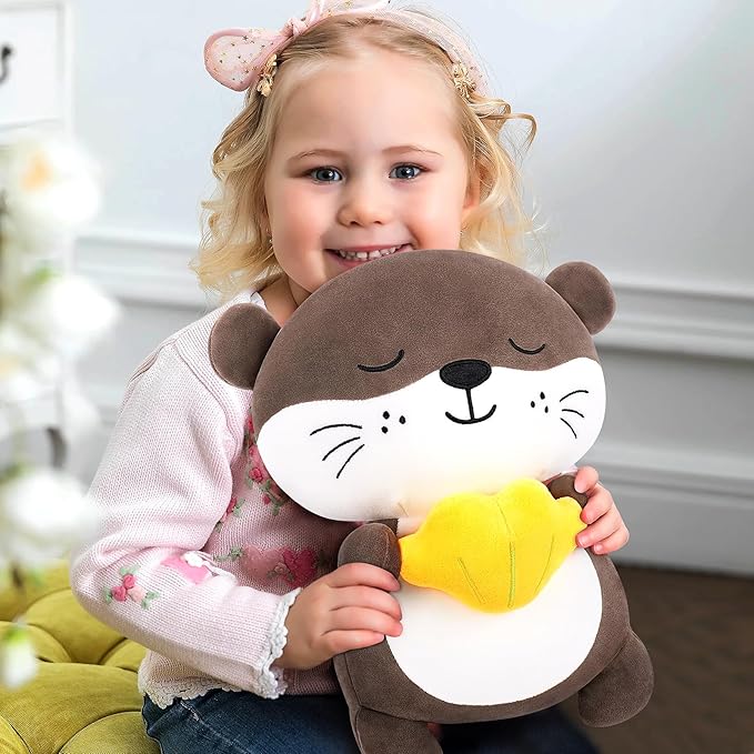 Achwishap Otter Stuffed Animal,Soft Otter Plush-14” Kawaii Birthday Gifts for Kids,Cute Plushies Animal Plush Toys Cuddle Pillow for Girls Boys Adults,Yellow Shell Plushies,Brown