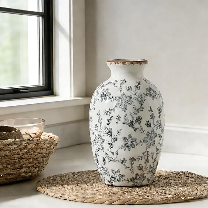 Gray Vintage Chinoiserie Floral Vase, 7.95" Decorative Flower Vase, Modern Farmhouse Ceramic Vase for Home Decor, Living Room, Bookshelf, Office, Entryway, Garden, Chinoiserie Decor, Tuscan Decor