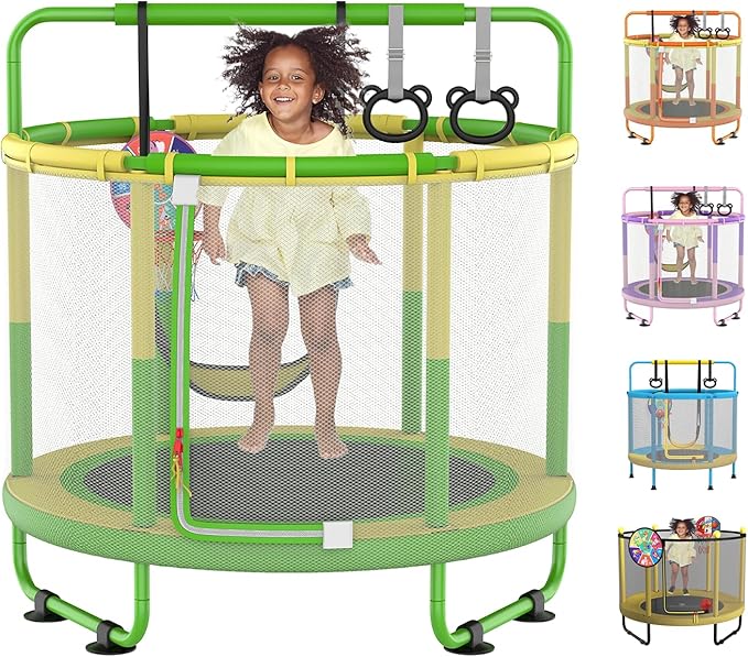 LANGXUN 60" Trampoline for Kids, 5ft Toddler Mini 6-in-1 Trampoline Indoor Outdoor with Swing, Basketball Hoop, Dart Board, Gymnastics Bar, Rings, Christmas Toys Birthday Gifts for Girls Boys