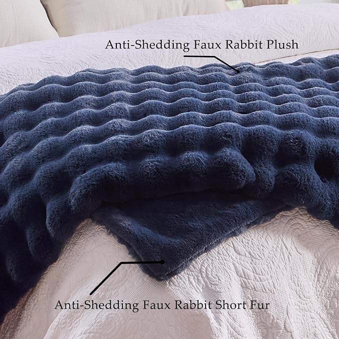 BENVWE Fluffy Faux Fur Throw Blanket for Couch, Soft Plush Thick Cozy Fuzzy Luxury Minky Bubble Blanket for Home Living Room Decor Gift for Women, Navy Blue, 63" x 80", 1100GSM