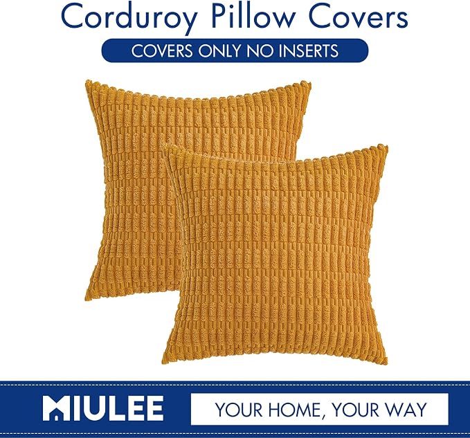MIULEE Corduroy Decorative Throw Pillow Covers 16x16 Gold Yellow Pack of 2 | Soft Boho Striped Pillow Covers Modern Farmhouse Home Decor For Sofa Living Room Couch Bed