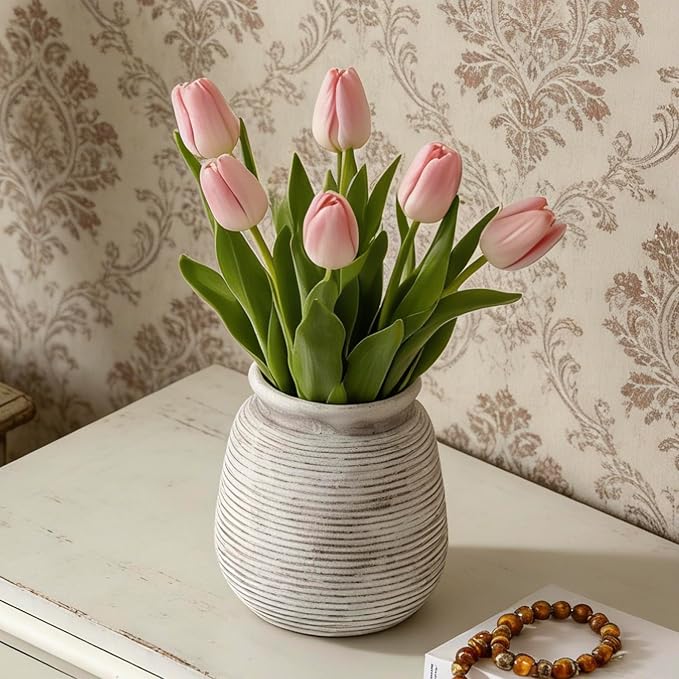 Ceramic Flower Vase, Rustic Farmhouse Decorative Vase Pottery Wide-Mouth Vases for Home Decor Table Entryway Mantel Bookshelf Living Room Bedroom Bathroom Kitchen - 7.48" D