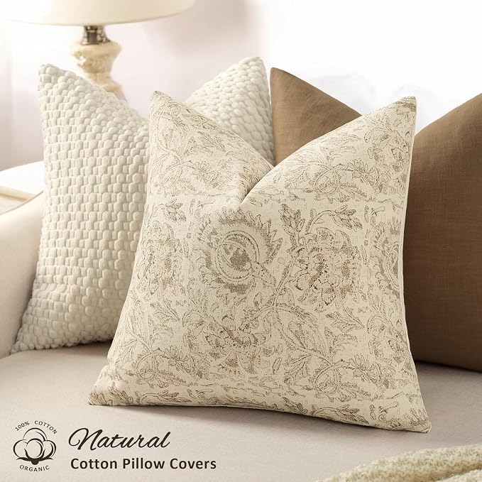 Vintage Floral Print Throw Pillow Covers 22x22 Set of 2 Neutral Modern Farmhouse Pillowcases Accent Decorative Cushion Covers Boho Home Decor for Couch Sofa Chair Bed Living Room, Natural Beige