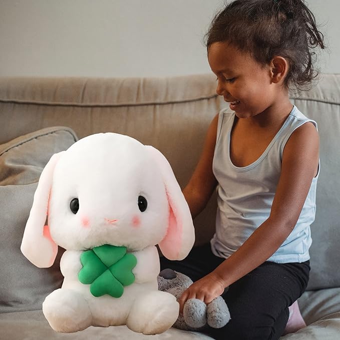 HOUPU Soft Toy - Sitting Lop Eared Rabbit, Easter White Rabbit Stuffed Bunny Animal with Carrot Soft Lovely Realistic Long-Eared Standing Pink Plush Toys (White-Four Leaf,16.9in/43cm)