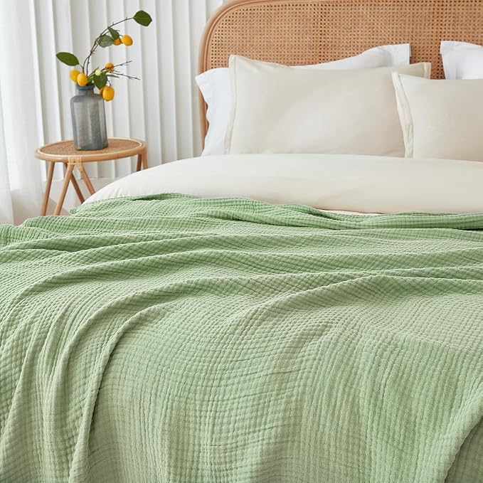 EMME Muslin Blankets for Adults Throw Blanket for Couch Breathable Gauze Soft Lightweight Airy Sage Green Twin XL 66" x 90"