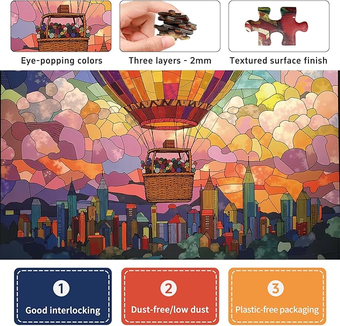 Puzzles for Adults 1000 Pieces - Stained Glass Hot Air Balloon: City in The Clouds, Challenging Jigsaw Puzzles Perfect for Game Night, Gift Giving, Size 24x24 in