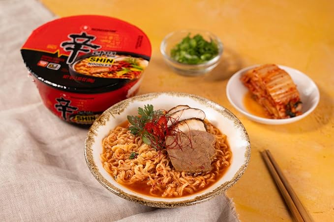 Nongshim Shin Ramyun Bowl Noodles, Spicy Korean Signature Instant Ramyun, Rich Beef Flavored Broth, Quick and Easy, Microwaveable Bowl, 3.03 oz (Pack of 24)