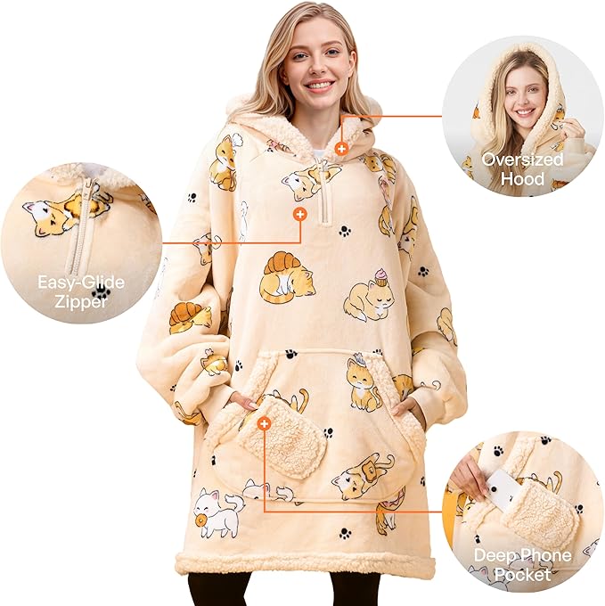 Giggling Getup Wearable Blanket Hoodie for Adults Gifts for Teen Girls Sister Women Sherpa Fleece Printed Hooded Blanket Sweatshirt Warm Cozy with Pocket & Sleeves Beige Cat
