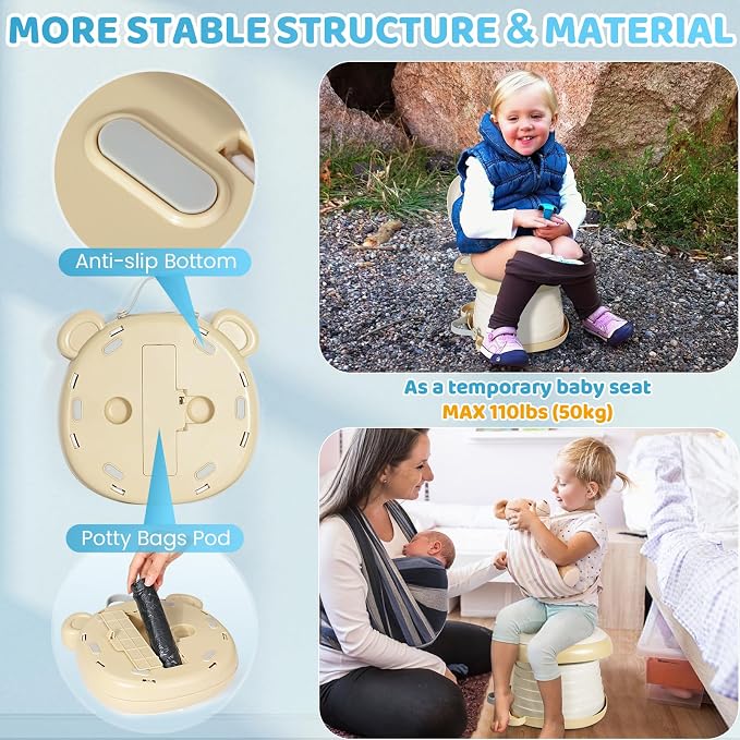 Orzbow Portable Potty Training Toilet, Travel Potty Seat for Toddler Boys Girls, Toilet Training Essentials, Foldable, Includes Free Travel Bag and Disposable Liners, Indoor/Outdoor Use, Khaki