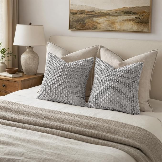 MIULEE Euro Sham Decorative Throw Pillow Covers 24x24 Light Grey Corduroy | Textured Striped Pack of 2 Striped Pillow Covers Modern Farmhouse Home Decor for Couch Bed Sofa Living Room