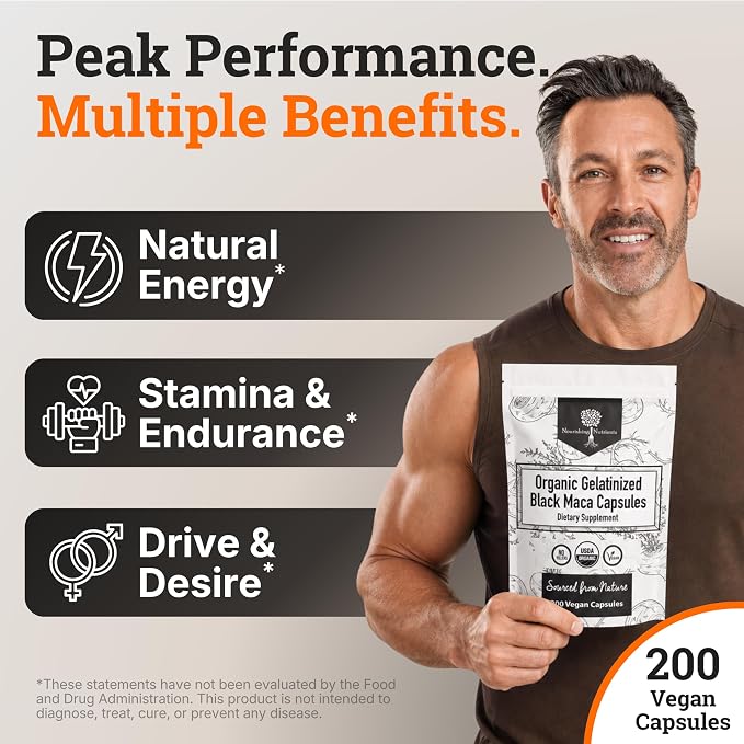 Organic Gelatinized Black Maca -4x Bioavailability 200 Capsules for Men Women, Energy Supplement for Focus, Performance, Stamina Endurance, Mood Enhancement, Hormone Balance, Mental Clarity 1000mg x 2