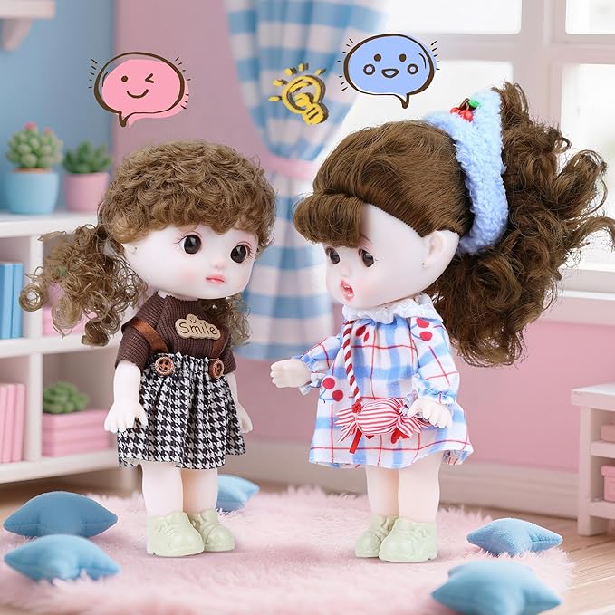 Vinyl Plush Doll, Dolls for Girls with Vinyl Face Brown Curly Hair Blue Dress Cute Movable Arms Legs, Princess Toys Kawaii Jointed Dolls Gifts for Collectibles Birthday Christmas Room Décor 8.6 Inch