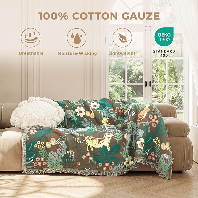 LUTBM Boho Throw Blanket for Bed Cotton Soft Lightweight Quilt Summer Blanket Twin Forest Tiger Embroidery Home Decor Breathable Bed Blankets,60"x80" All Season Throw for Sofa Couch Chair