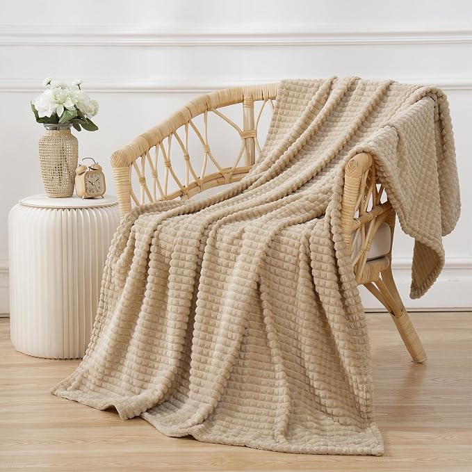 Puncuntex Fleece Throw Blanket Khaki 50"×60" with Square Grid Design | Super Soft Plush Cozy Flannel Throw Blanket Luxury for Couch Sofa Chair