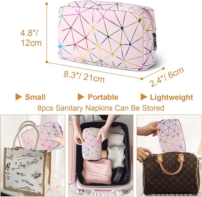 Likesing Period Bag for Girls Womens, Leather Sanitary Napkin Storage Bag, Portable Menstrual Pad Bag Period Pads Pouch, Small Make Up Bags(Colorful Pink)