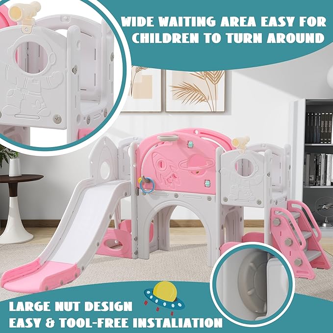 12 in 1 Toddler Slide, Astronaut Themed for Baby Slide Toddlers Aged 3+, with Astronaut,Telescope, Basketball Hoop and Ring Toss, Toddler Playset Pink Gray Combo