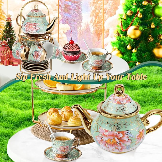 20 Pcs Porcelain Tea Set with Metal Holder, Adult Tea Set Gift, European Ceramic Tea Set for Adults, Enamel Flower Tea Cup Saucer Set for Party With Gold Flower Painting (Fresh Green)