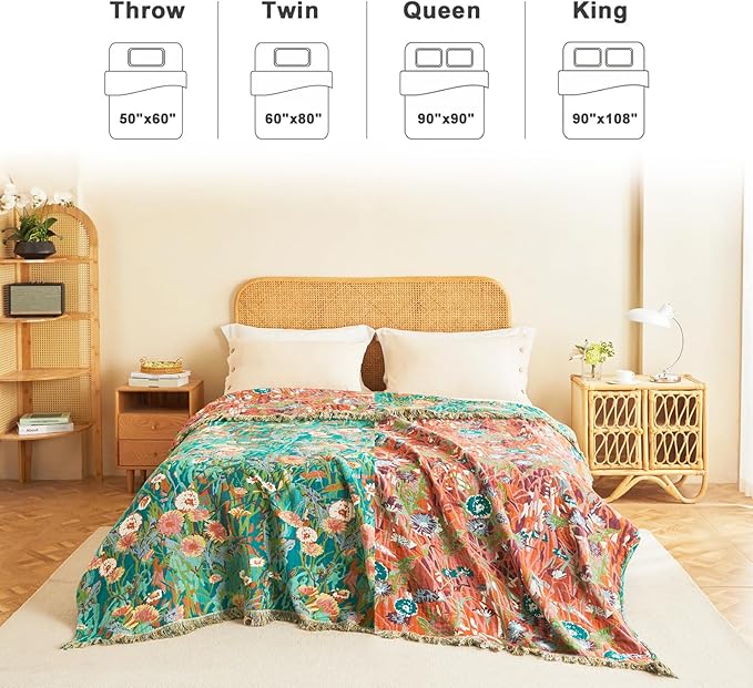 LUTBM Cotton Boho Blanket for Bed, Queen Soft Lightweight Reversible Quilt | 90"x90" Floral Embroidery Blankets, All-Season Bedspread, For Chair Sofa Couch Bedroom Living Room Decor, Breathable Gauze