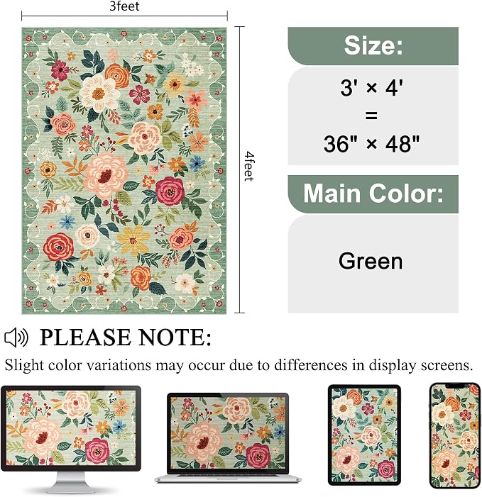 DUKINO 3x4 Area Rug, Floral Washable Rug for Kitchen Non Slip, Green | Low Pile, Soft, Stain Resistant Indoor Rug for Entryway, Bedroom, Bathroom, Laundry, Pet Friendly, Home Decor, Lightweight