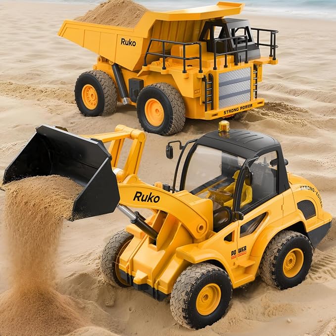 Ruko 1560 Construction Toy Set, Remote Control Dump Truck and Front Loader, 9 Channel RC Vehicles with Realistic Lights for Outdoor Sandbox Play, Gifts for Kids