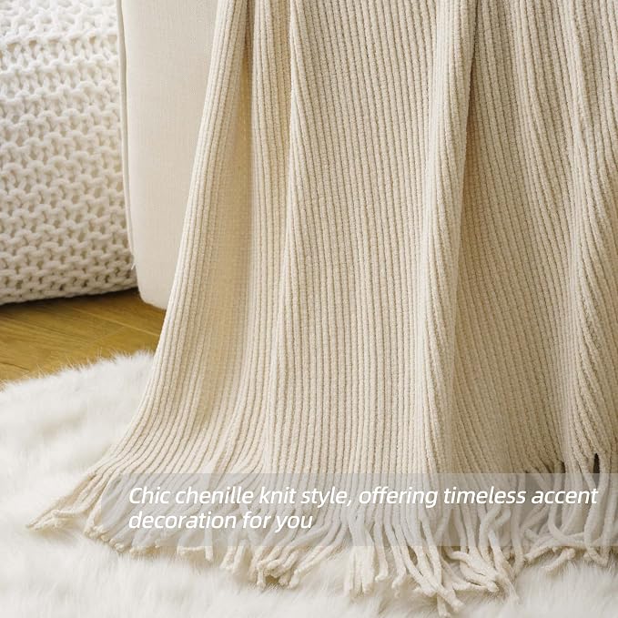 BATTILO HOME Beige Throw Blanket for Couch, Soft Chenille Knit Throws with Tassels for Home Decor, White Cream Throws for Bed Couch Cover, 60"x80"