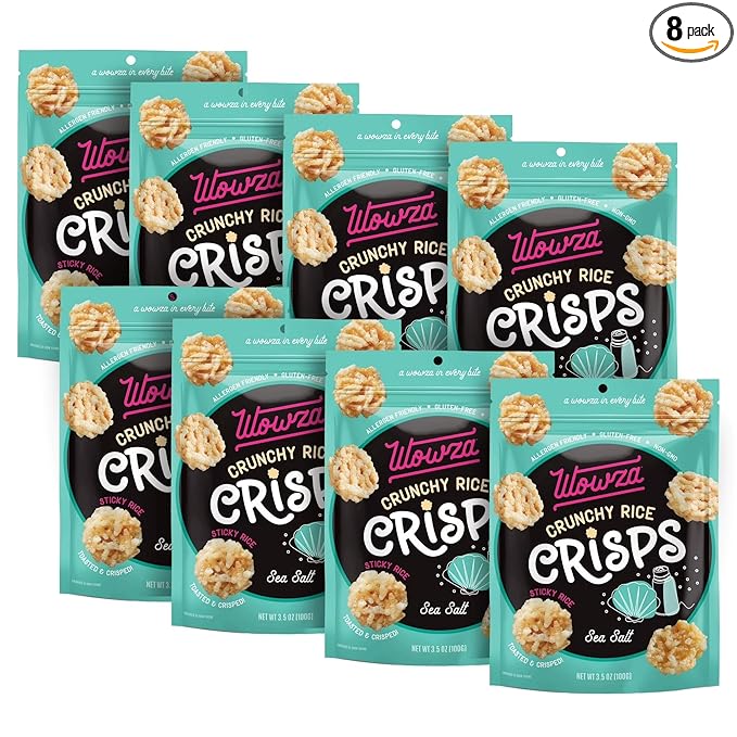 Wowza Sea Salt Crunchy Rice Crisps | Gluten Free Snack, Non-GMO, 8 Pack | Lightly salted, Healthy chip alternative, Kid-friendly, 3.5 oz bags, No artificial flavors, Allergen-friendly, Guilt-free