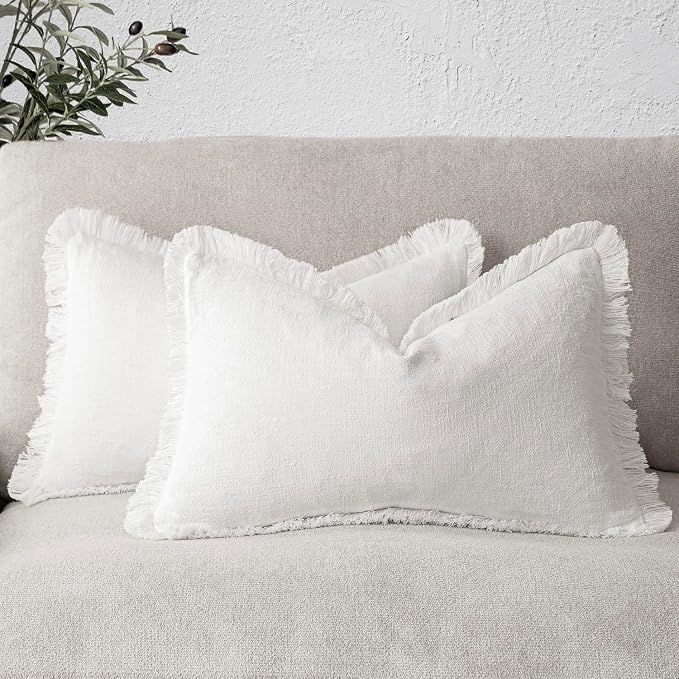 Foindtower Set of 2 Decorative Linen Fringe Throw Pillow Covers Cozy Boho Farmhouse Cushion Cover with Tassels Soft Accent Pillowcase for Couch Sofa Bed Living Room Home Decor,12×24 Inch,White