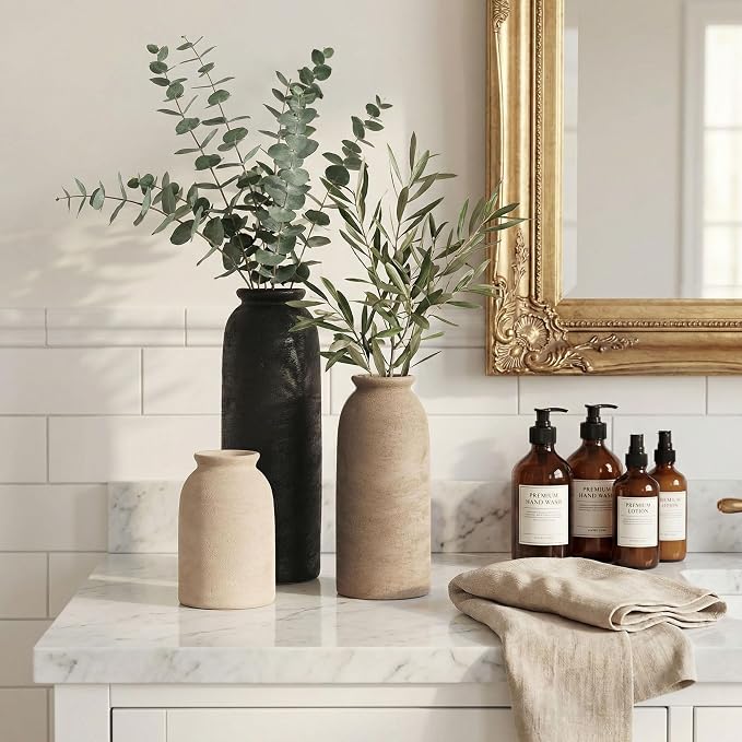 Ceramic Vase Set of 3, Small Flower Rustic Vase Home Decor Neutral Modern Farmhouse Boho Pampas Pottery Vases Decorative Centerpiece for Table Mantel Shelf Living Room Kitchen Bathroom