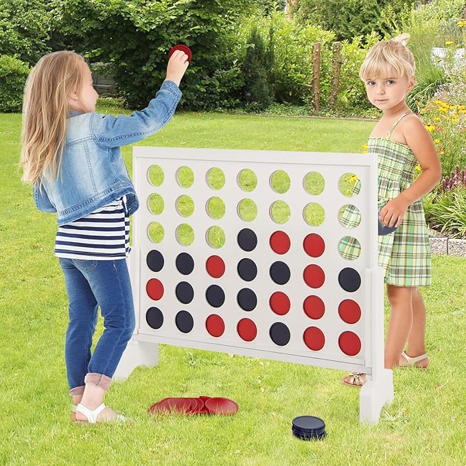 Costzon Giant 4-in-a-Row Game Set, Wooden Jumbo 4-to-Score Game with 42 PCS Chips & 600D Oxford Fabric Carrying Bag, Indoor Outdoor Line-up-4 Game for Kids & Adults, Ideal for Camping (White)