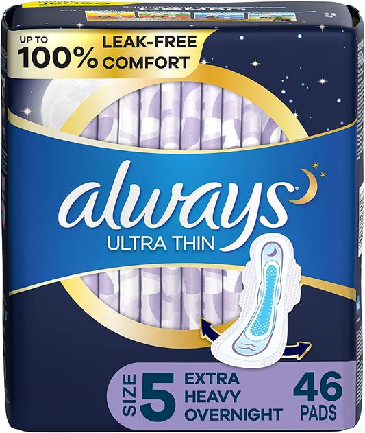 ALWAYS Ultra Thin Size 5 Extra Heavy Overnight Pads With Wings Unscented, 46 Count
