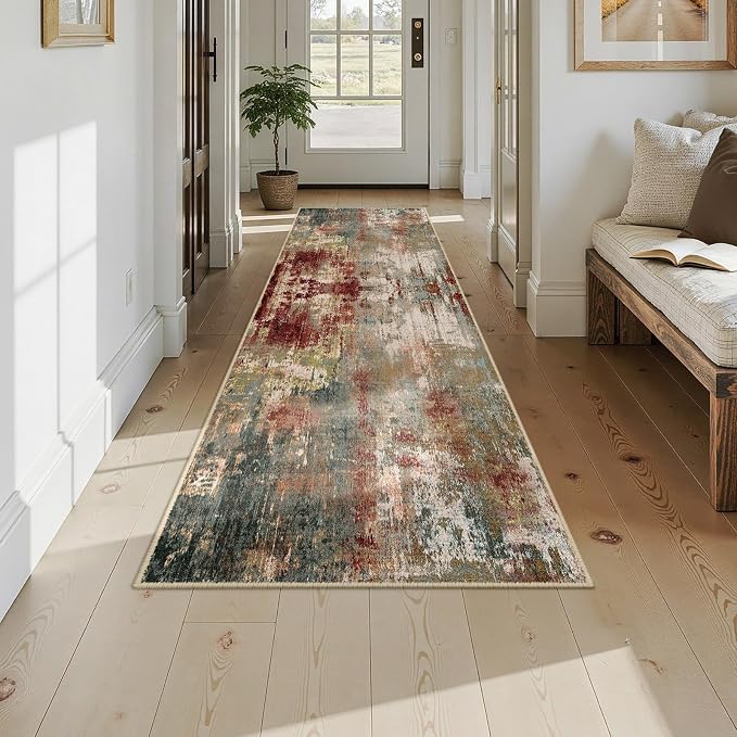 RELEANY Washable Runner 2'6"x10' Abstract Area Rug for Hallway Rustic Brown | carpet for kitchen, entryway, bathroom, living room, bedroom, printed pattern, non-slip, soft, stain-resistant, easy to clean