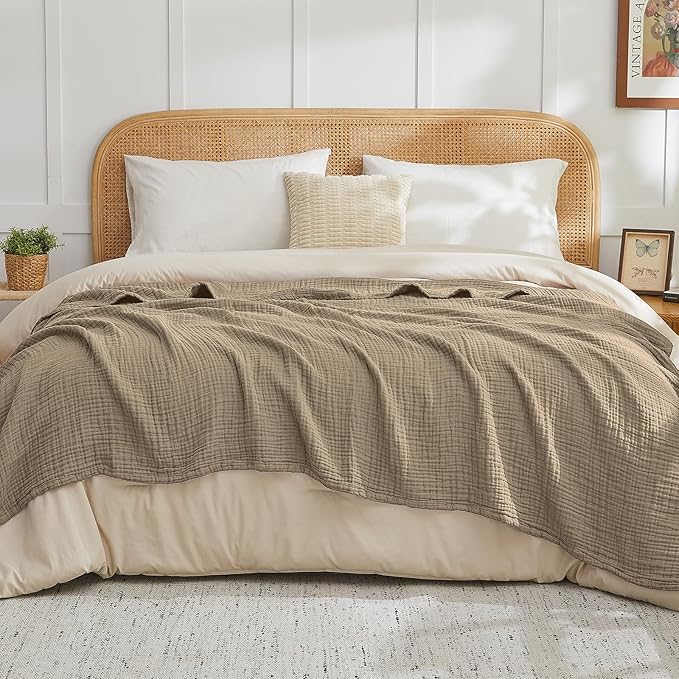 EMME Muslin Blankets for Adults Throw Blanket for Couch Breathable Gauze Soft Lightweight Airy Tan Throw XL 50" x 71"
