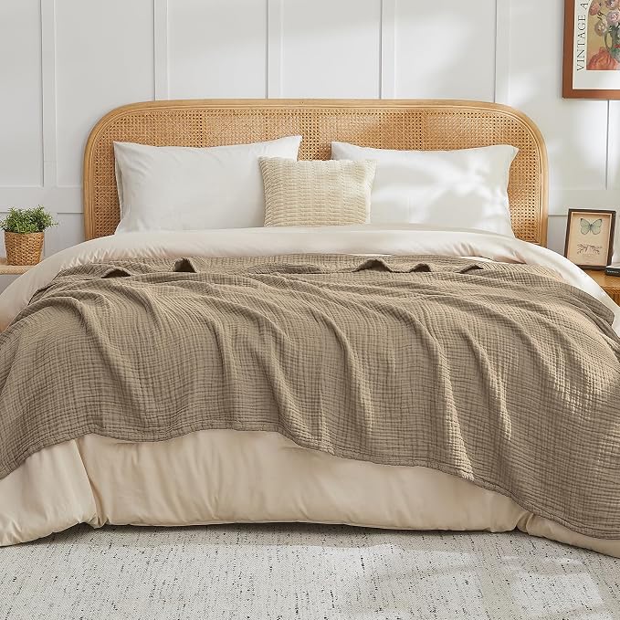 EMME Muslin Blankets for Adults Throw Blanket for Couch Breathable Gauze Soft Lightweight Airy Tan Twin XL 66" x 90"