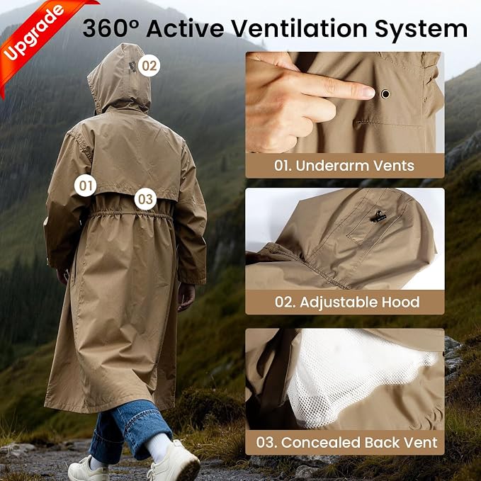 LAMA Womens Long Raincoats Rain Jacket Waterproof Packable Hooded Windbreaker Lightweight Adjustable Waist for Outdoor