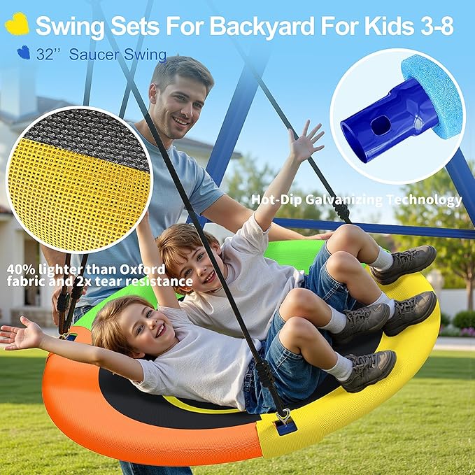 JYGOPLA 440lbs Kids Swing Set, 3-in-1 Outdoor Playground with Saucer Swing, Belt Seat & 4ft Trampoline, Heavy Duty A-Frame Metal Stand & Safety Stakes, Backyard Playset for Toddlers 3-8 Years Old