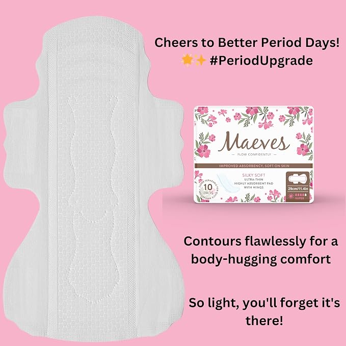 Maeves Pads Ultra Thin, Unscented Feminine Care, Heavy Absorbency, Long, Large, Super Period Pads, Sanitary Napkins with Wings for Women- 20 Count (2 Packs of 10)