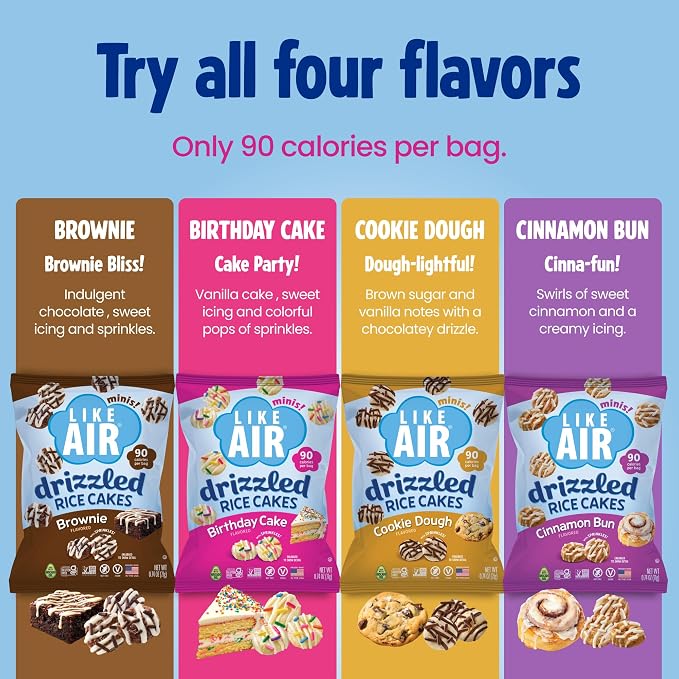 Like Air Drizzled Rice Cakes - 4 Flavor Variety Pack (10ct) Vegan/Nut-Free | 4 Flavor Snack Pack (Pack of 10) - 90 Calories Per Bag, Gluten Free Snacks For Kids, Kosher