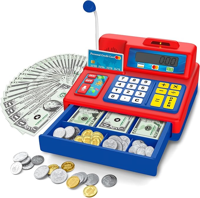 Calculator Cash Register Toy Gift for Kids Age 3, 4, 5, 6, 7, 8+ Year Old, 103 Pcs Grocery Store Playset with Microphone, Credit Card, Cash Register for Toddlers Kids 4-8