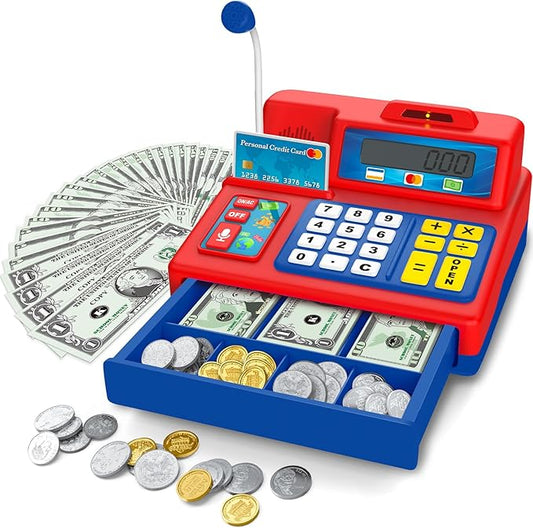 Calculator Cash Register Toy Gift for Kids Age 3, 4, 5, 6, 7, 8+ Year Old, 103 Pcs Grocery Store Playset with Microphone, Credit Card, Cash Register for Toddlers Kids 4-8