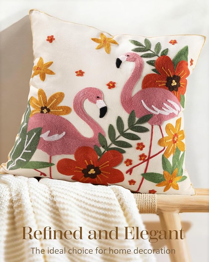 Animal Embroidered Throw Pillow Cover 20x20 Inch, Flamingos Floral | Decorative Pillow Cover, Boho Floral Cushion Cases with Hidden Zipper, Cottagecore Decor for Couch, Sofa, Living Room