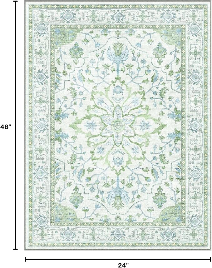 RELEANY Area Rugs Small 2'x4' Washable Non-Slip, Floral Vintage Distress Medallion Carpet for Kitchen Entryway Bathroom, Green White Blue