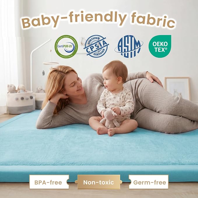 ACOMOPACK Baby Play Mat for Floor 1.3" Thick Memory Foam Play Mat 59"×71" Tummy Time Crawling with Non-slip Bottom for Living Room,Nursery,Soft Velvet Playpen Mats for Kids,Infants（Light Blue）
