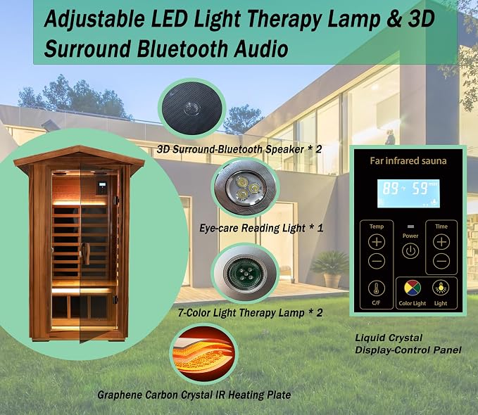 LTCCDSS Ultra-Low EMF Red Cedar Sauna 1-Person, Outdoor Far Infrared Sauna for Home, EMF 0.1-1mG, 6 Carbon Crystal Heaters, Bluetooth & Chromotherapy (45.7 * 39.4 * 79.5 in)