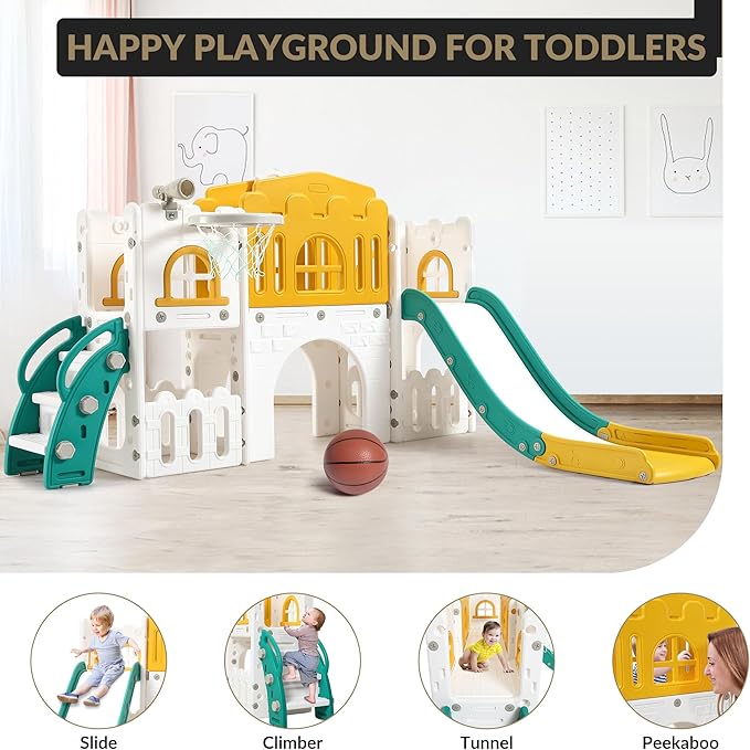 8 in 1 Toddle Slide Playset, Indoor Playground for Kids 1-3， Toddle Outdoor Playset with Slide, Climber, Tunnel, Basketball Hoop, Storage Space and Telescope for for Boys Girls, Orange