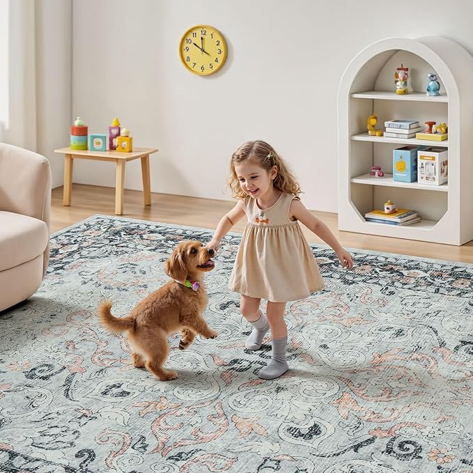 9x12 Area Rugs for Living Room, Washable Non-Slip Large Rugs, Grey/Blush | Soft Area Rug for Bedroom Dining Room Home Office Indoor Nursery, Stain Resistant, Low Pile, Vintage Distressed Rug