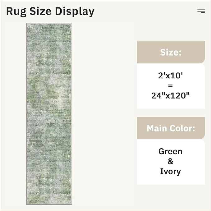 Soalmost Abstract Runner Rug 2x10 Hallway Kitchen Runners Green/Ivory | Vintage Washable Rugs for Bathroom Laundry Room, Low Pile Stain Resistant Floor Carpet Mat Entryway Corridor Bedroom
