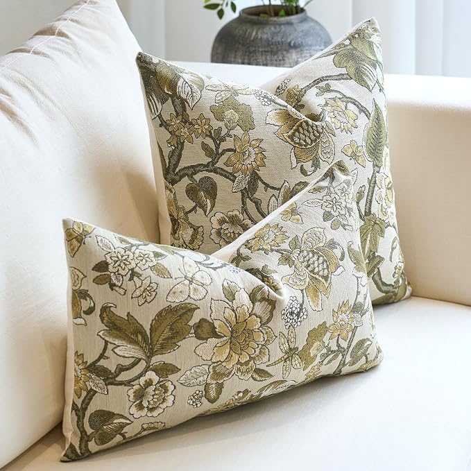 Neutral Floral Pillow Cover 12x20, Vintage Linen Lumbar Pillow Cover Soft Decorative Farmhouse Accent Pillow Case for Couch Bedroom Living Room Home Decor, Beige