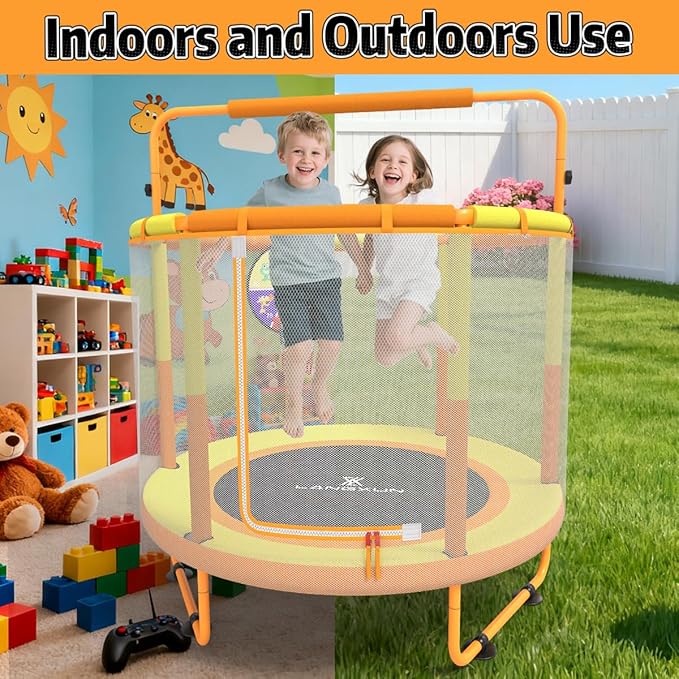 LANGXUN 60" Trampoline for Kids, 5ft Toddler Mini 6-in-1 Trampoline Indoor Outdoor with Swing, Basketball Hoop, Dart Board, Gymnastics Bar, Rings, Christmas Toys Birthday Gifts for Girls Boys